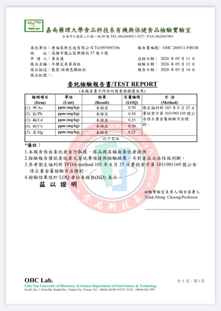 核心產品 重金屬檢驗報告